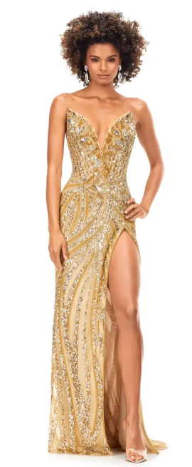 green emerald velvet dress ASHLEYlauren 11509 Gold and Silver Beaded Strapless Gown 2 / Gold/Silver main image 0